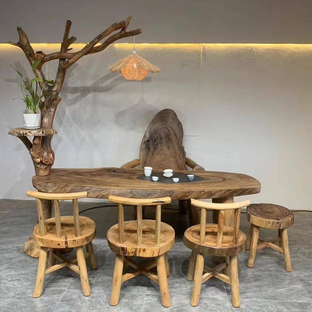 实木茶几香樟木独板异形茶台椭圆户外庭院创意树叉灯架茶桌椅组合
