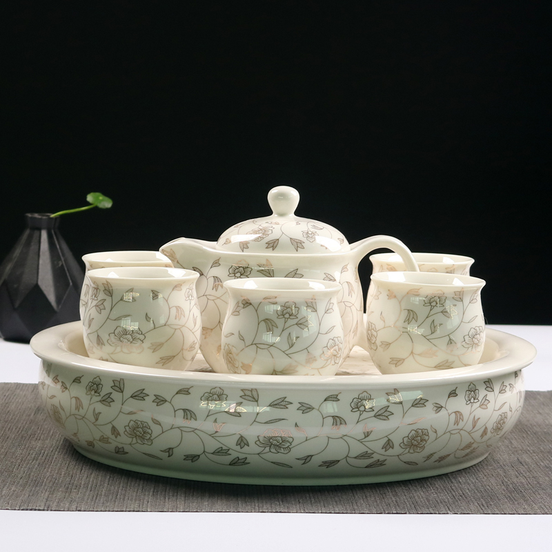 青花瓷双层茶具套装家用简易圆形储水陶瓷茶盘茶台大号防烫茶杯
