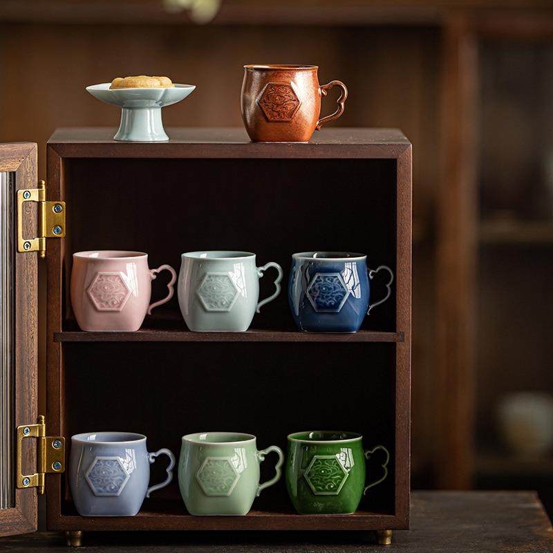 中式家用陶瓷主人茶杯带手把防烫杯垫喝开水杯子办公室小号咖啡杯,餐饮具,茶杯,淘宝优惠券,粉丝福利购,淘宝优惠卷