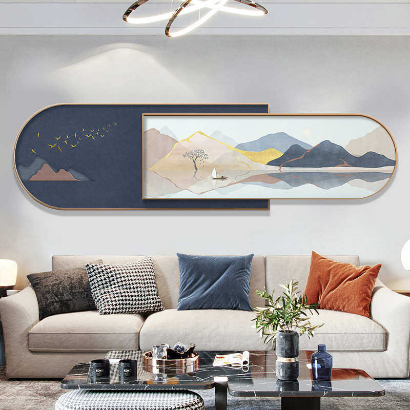 背景壁画清新椭圆客厅沙发装饰画风山水画现代风景挂画墙叠加双层