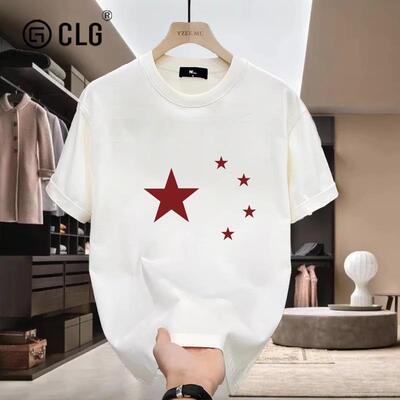 香港CLG潮牌双纱精梳纯棉印花T恤五角星260g重磅短袖夏季圆领T恤