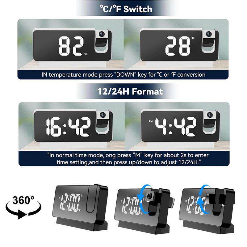 360° Projection Digital Alarm Clock LED Electronic Table Wa