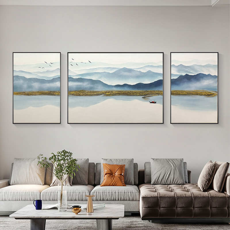 纯手绘油画客厅三联画沙发背景墙风景画山水挂画金山意境装饰画