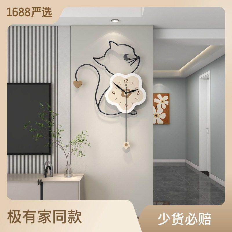 可爱猫咪装饰挂钟现简约钟表客厅创意饭厅玄关背景时钟挂墙家用