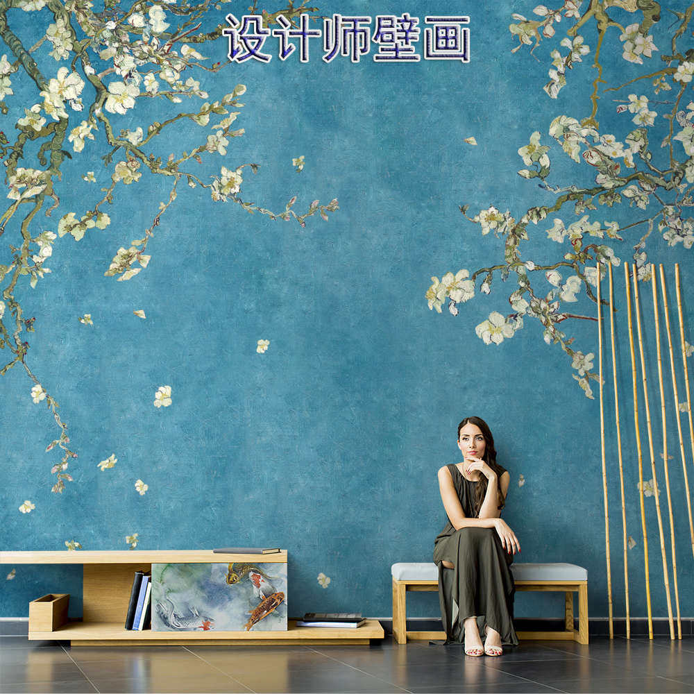 新中式现代简约墙纸蓝色杏花沙发电视背景墙壁纸古典水墨花鸟壁画,家装主材,定制壁画,淘宝优惠券,粉丝福利购,淘宝优惠卷