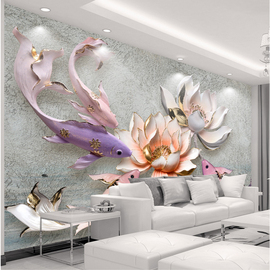 3d大气电视背景墙壁画墙布，客厅影视墙壁纸沙发，浮雕荷花鱼墙纸奢华