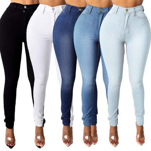 Women Elastic Skinny Jeans Zipper Button Closure Waist