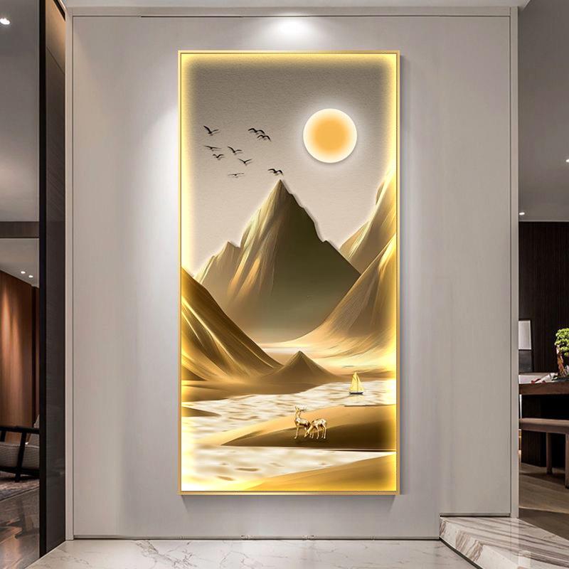 入户门玄关装饰画轻奢风景山水壁画镶钻LED灯画客厅走廊过道挂画
