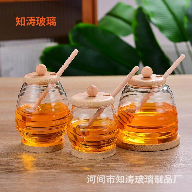 玻璃蜂蜜罐带搅拌棒创意透明蜂蜜瓶储物罐带盖简约果酱瓶子