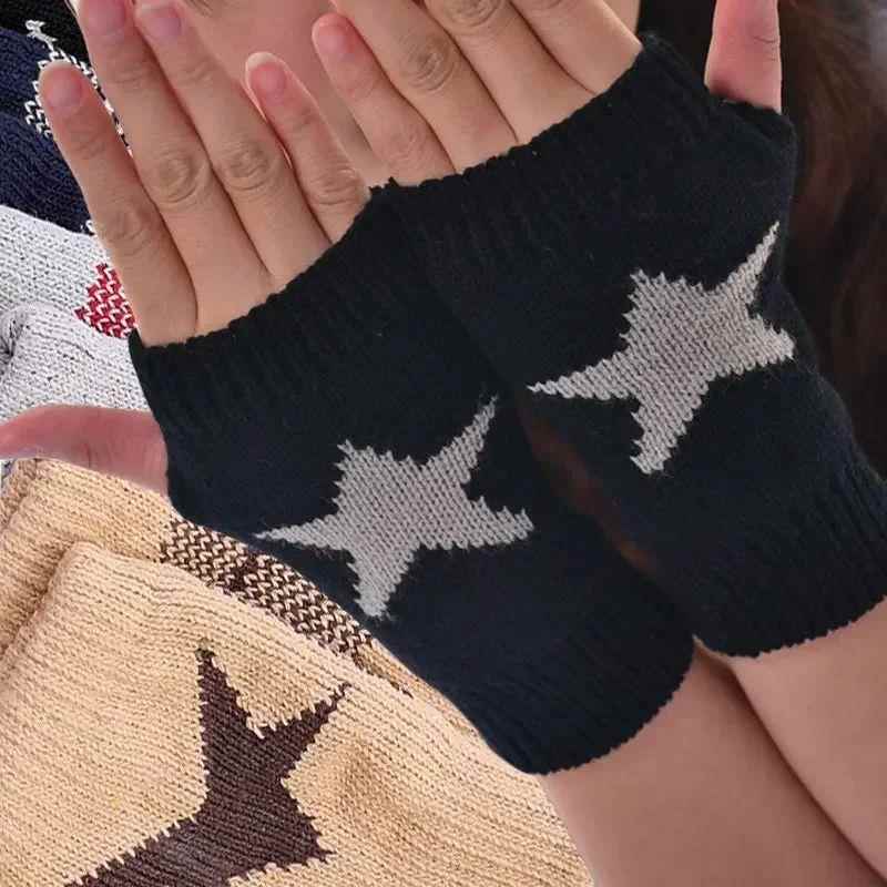 Y2K Fashion Pentagram Knitted Fingerless Winter Gloves Soft