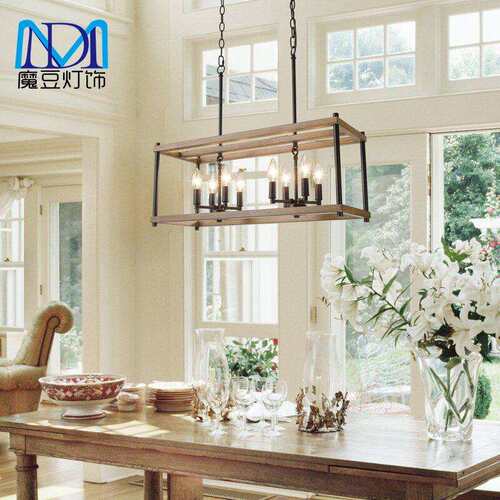 NEW跨境亚马逊厨房岛吊灯农舍餐厅客厅吧台长方形实木灯具8 light