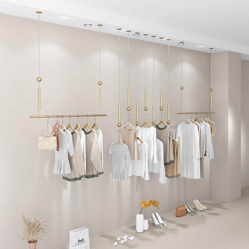 服装店展示架上墙壁挂式悬挂吊杆不锈钢拉丝电镀钛合金女装挂衣货