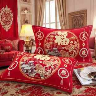新品马年红色枕巾纱布棉福字柔软加大加厚枕头巾四季成人情侣盖巾