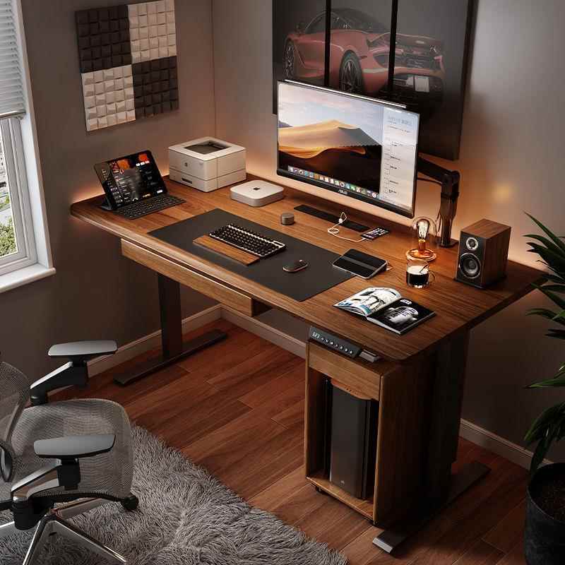 工纯实木电动升降桌电公脑桌办桌智能双电965机作台胡桃木色学习