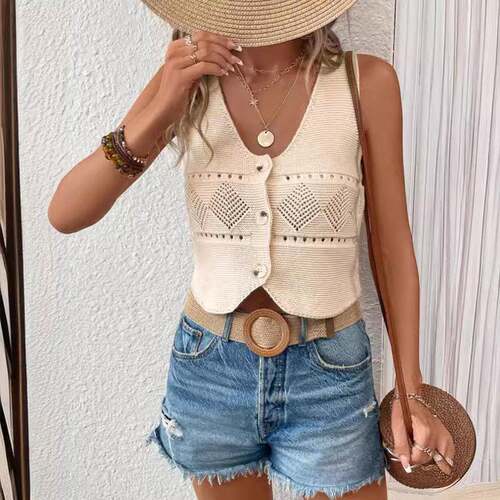Spring Summer Elegant Hollow Out Button Vest Top , Slim -