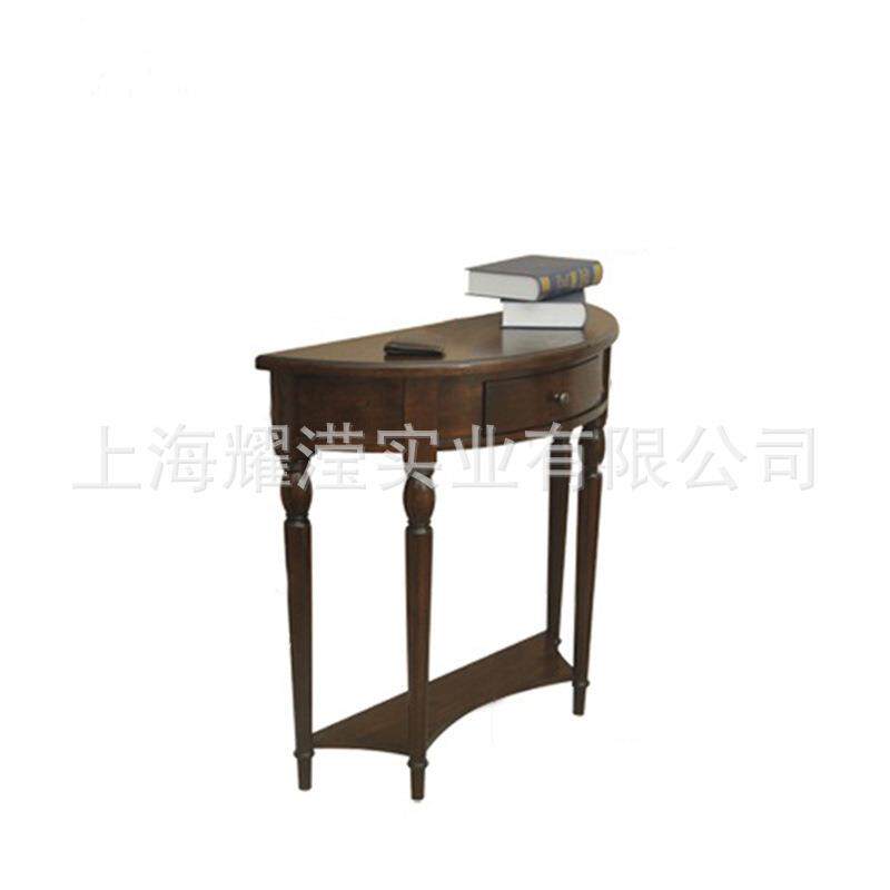 美式实木玄关桌定制家具复古做旧原木橡木雕花半圆形储物柜装饰桌