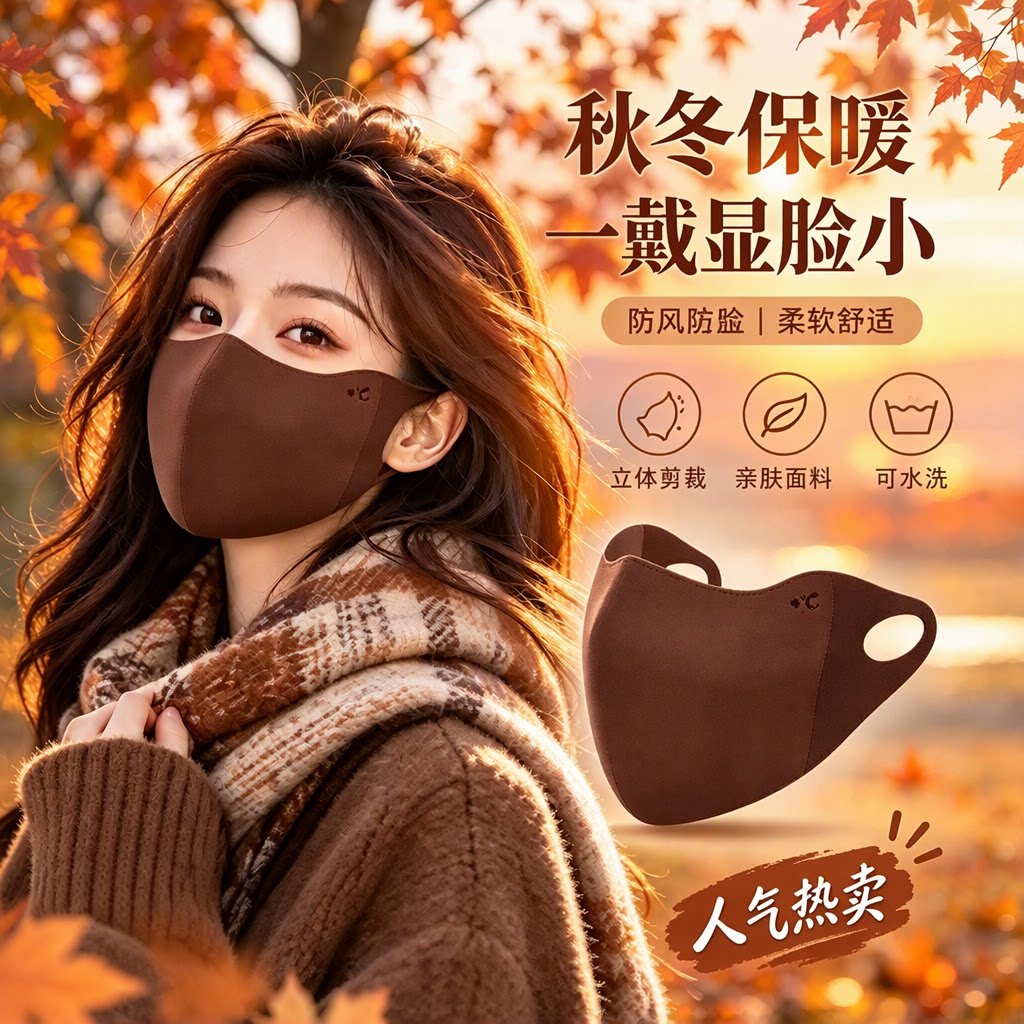 美拉德秋冬保暖口罩显脸小3D立体防风防尘可水洗户外骑行亲肤面罩