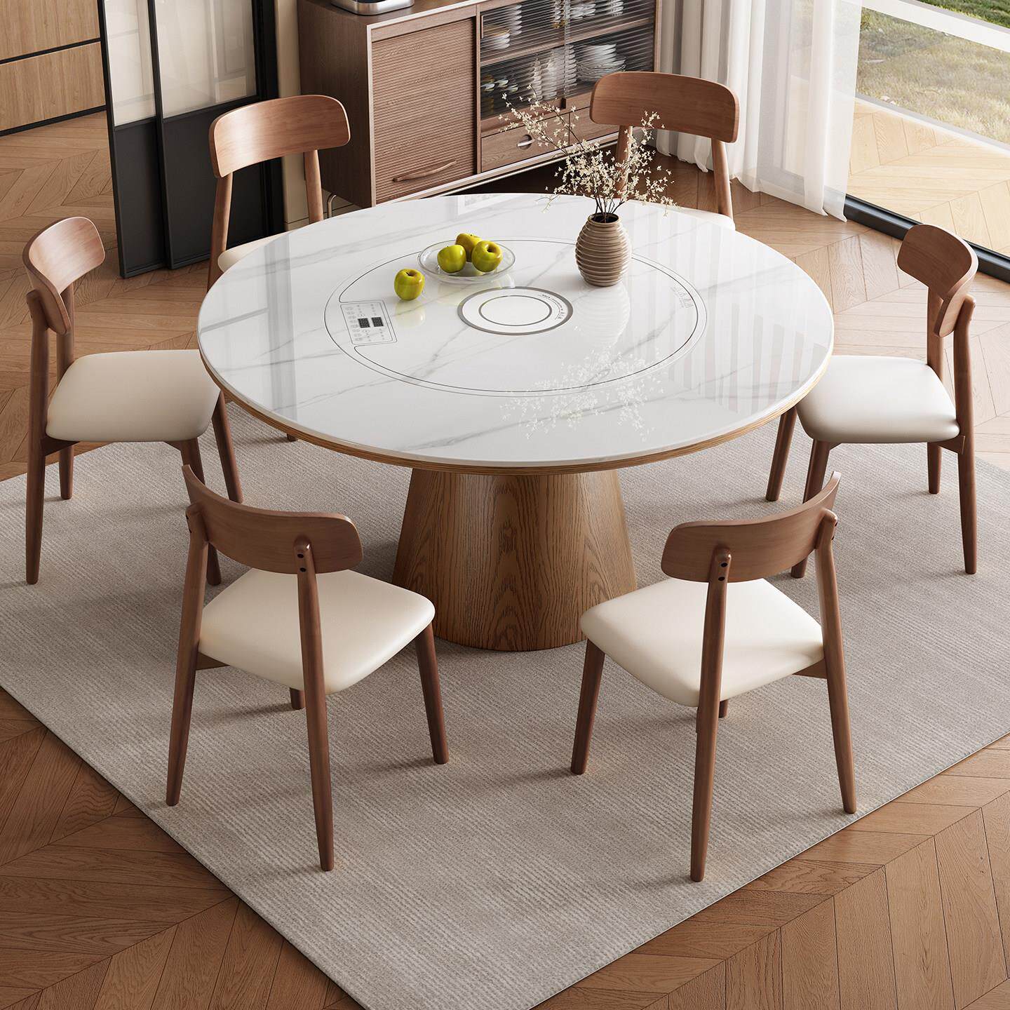 轻奢实木餐桌椅组合现代简约家用岩板圆桌带内嵌暖菜板圆形吃饭桌