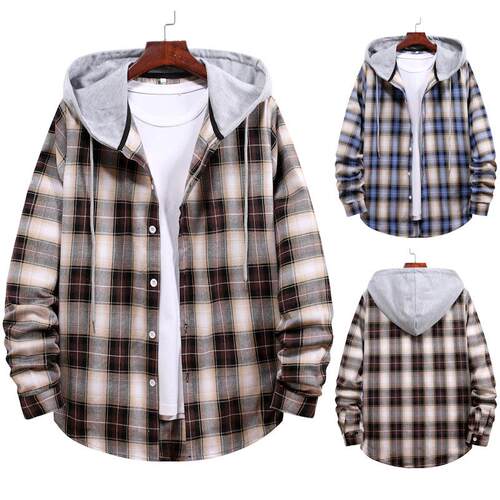 Men's hooded checkered shirt, plus size cardigan, long