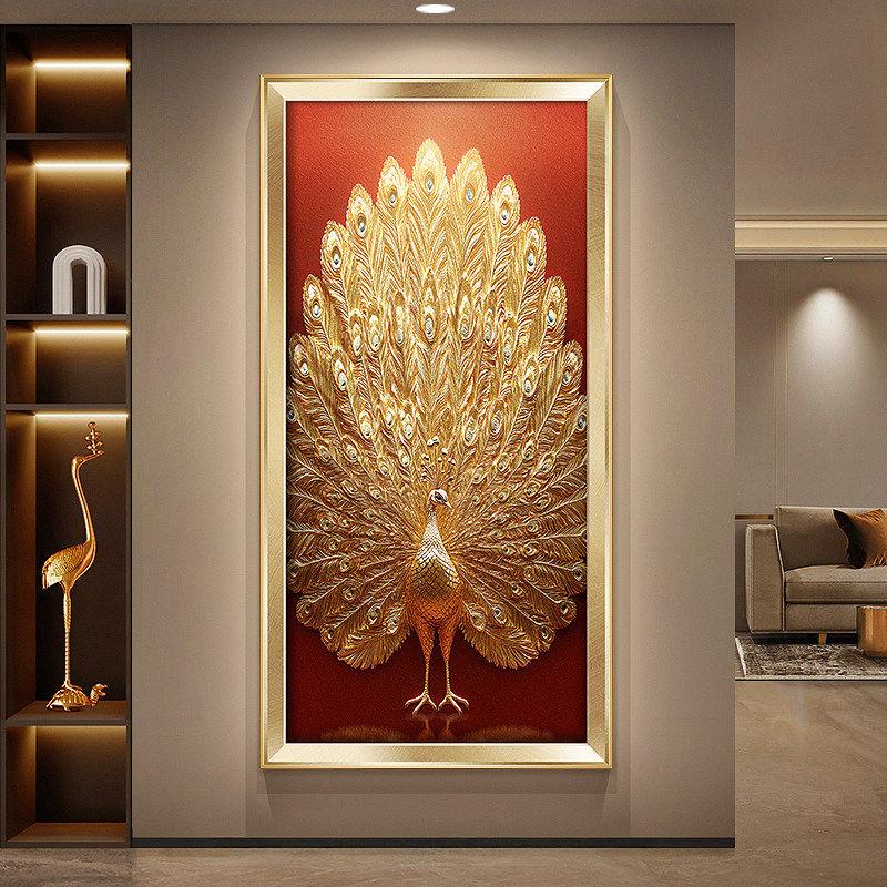 轻奢孔雀开屏玄关装饰画金箔色走廊过道挂画高级感立体入户门壁画