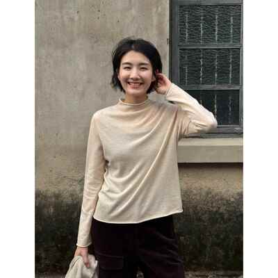 周浪清米色羊毛半高领长袖针织衫女2025新款秋修身内搭打底衫上衣