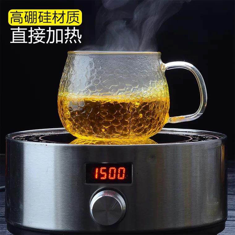 新款直销加厚锤目纹圆趣杯玻璃杯办公室茶杯过滤耐高温带把大号带