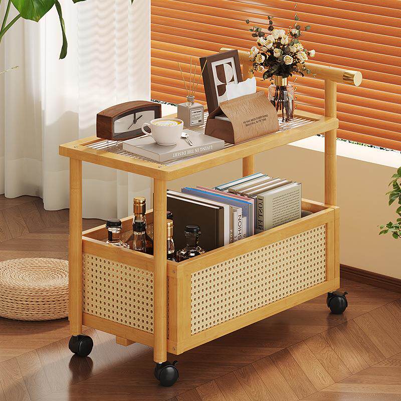 可移动沙发边几家用客厅茶几中古风带轮小推车零食书籍收纳置物架
