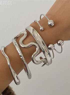 欧美不锈钢不规则纹理球形开口手镯小众高级感钛钢手镯跨境