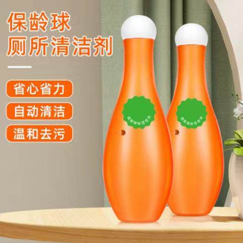 Toilet cleaner, bowling pin-shaped blue bubble, eliminates t