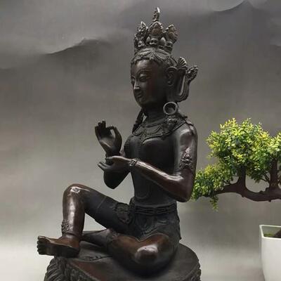 仿古摆件杂项铜器古董纯铜摆饰大坐佛做旧紫铜古玩家居装饰品