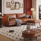 法式 中古风轻奢油蜡皮实木沙发客厅组合带转角贵妃家用小户型沙发