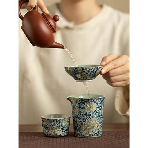 汝窑繁花公道杯三件套茶漏茶滤分茶器茶滤网一体陶瓷公杯茶具配件