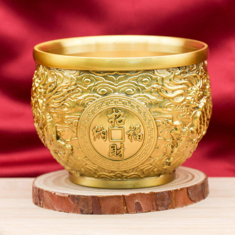 黄铜麒麟招财聚宝缸立体浮雕财缸米缸创意办公室桌面摆件铜工艺品