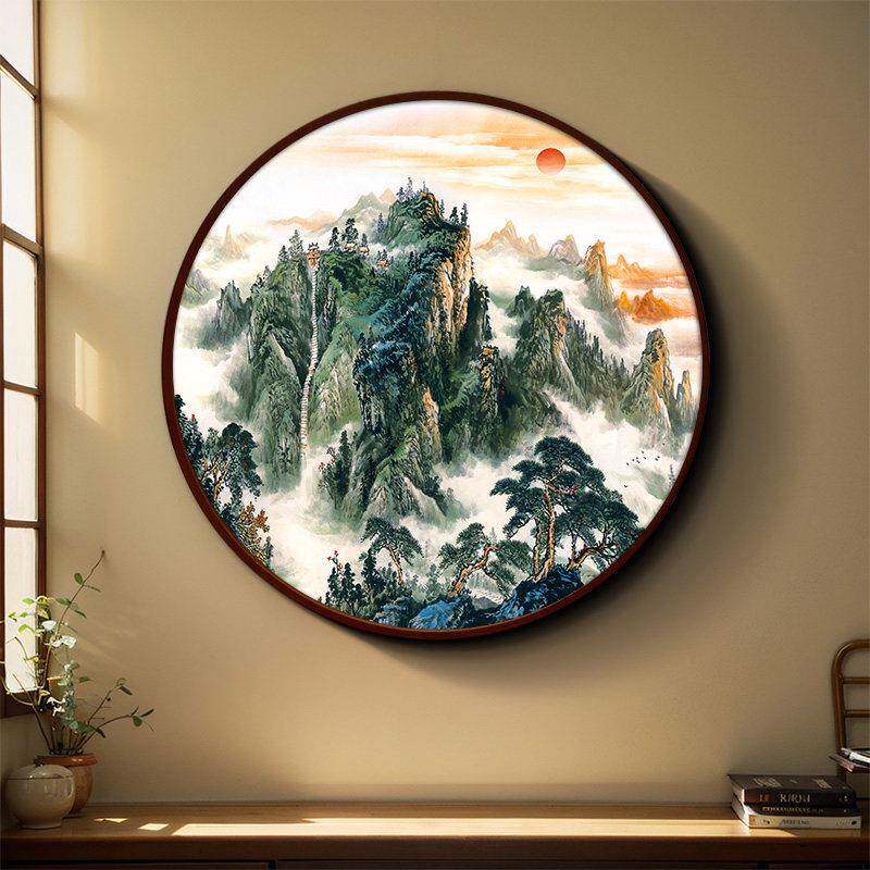 玄关山水画 画旭日东升中式挂画 画客厅背景墙圆形装饰画 画入户
