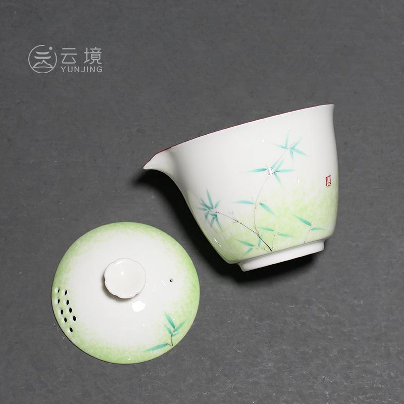 纯手绘竹子手抓壶 陶瓷釉下彩单个过滤泡茶器家用茶壶茶碗