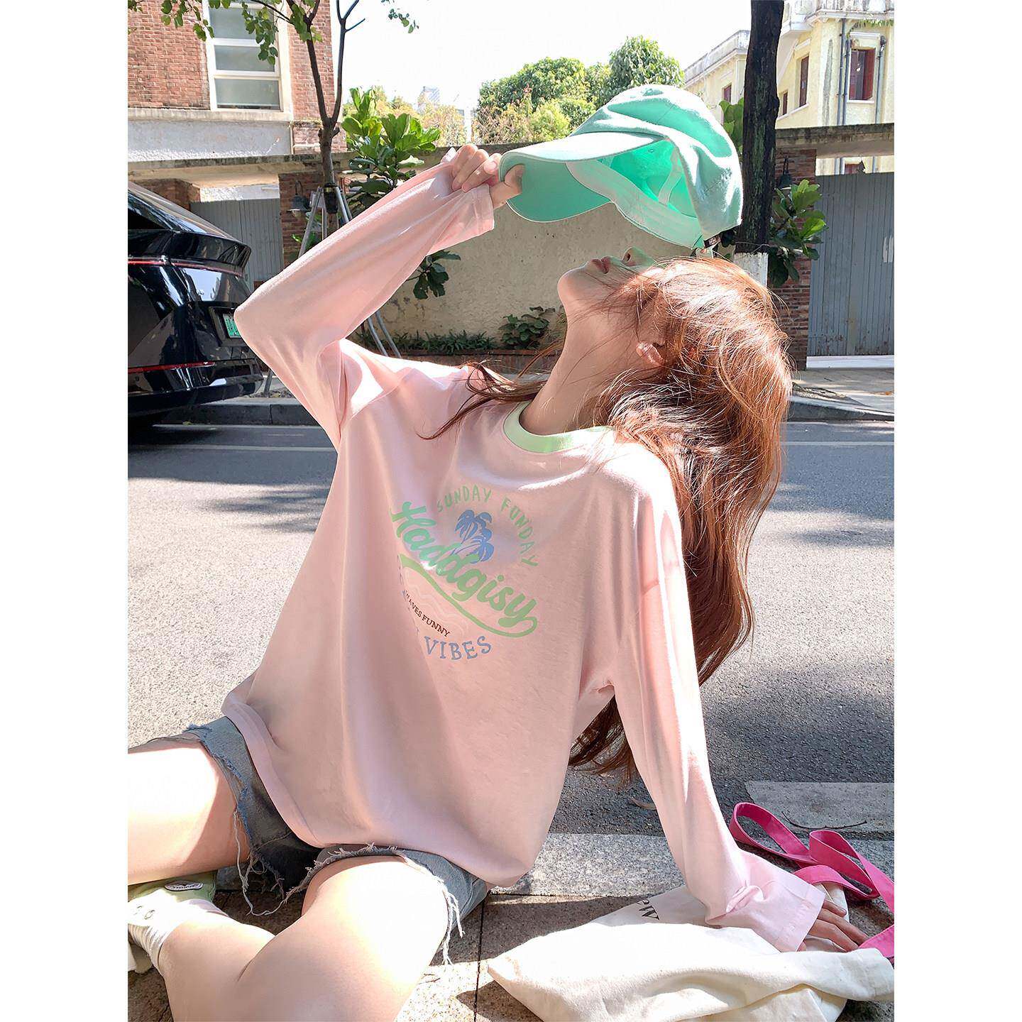 曾小咸 韩系粉色多巴胺薄款长袖t恤女早春新款宽松防晒罩衫上衣夏