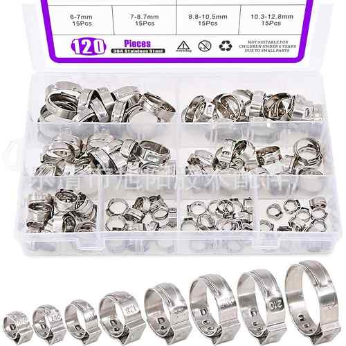 120pcs盒装304不锈钢软卡箍管箍压合软管夹组合套件 单耳无极喉箍