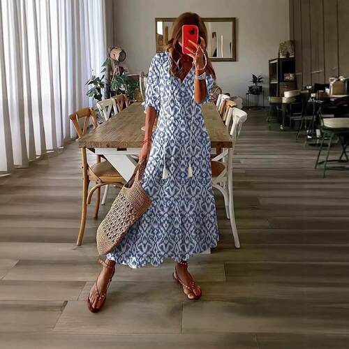 V-neck printed hanging beard mid sleeve long dress for