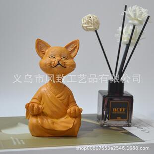 直销新款独立站 冥想打坐猫 动物雕像坐禅猫花园装饰工艺品摆件雕