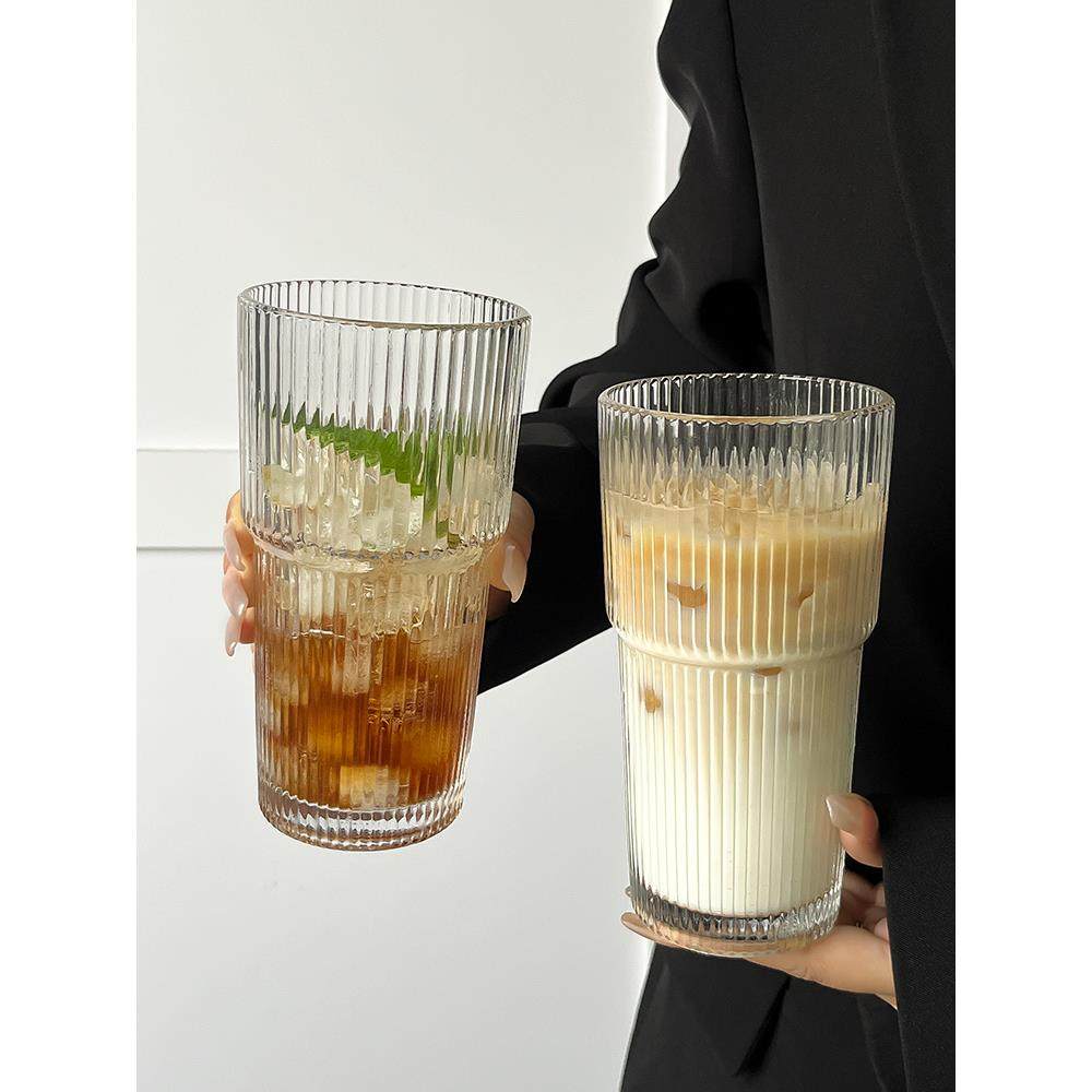 ins风大容量带盖带吸管竖条纹玻璃杯高颜值冷饮杯果汁咖啡杯水杯,餐饮具,玻璃杯,淘宝优惠券,粉丝福利购,淘宝优惠卷
