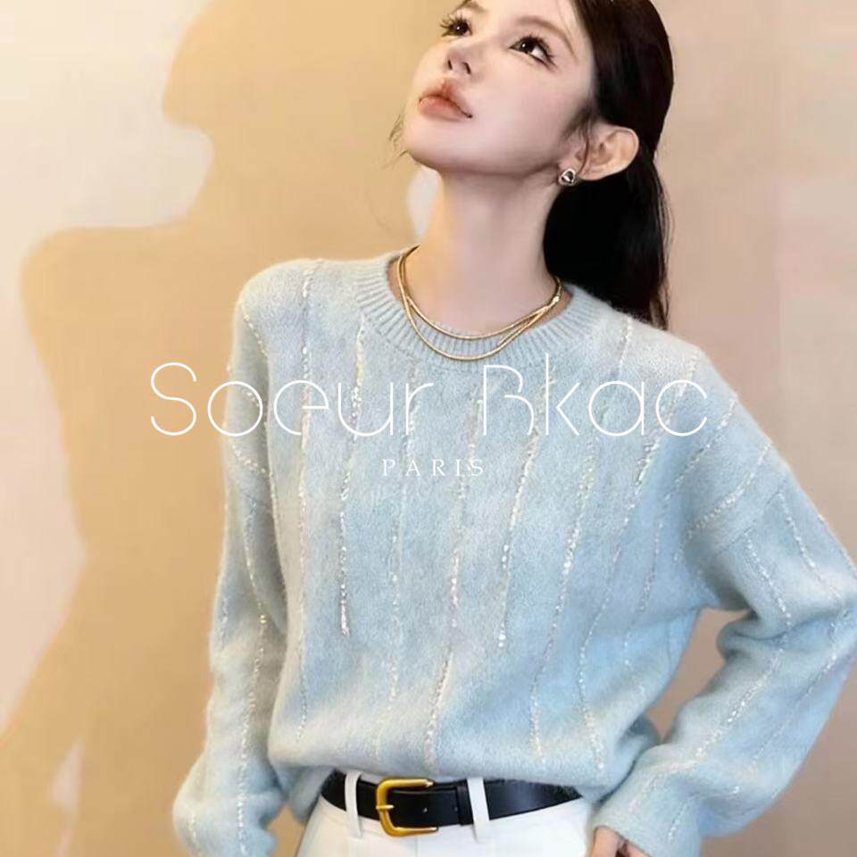 法国SOEUR BKAC春季法式小清新蓝色圆领针织衫女慵懒减龄长袖毛衣