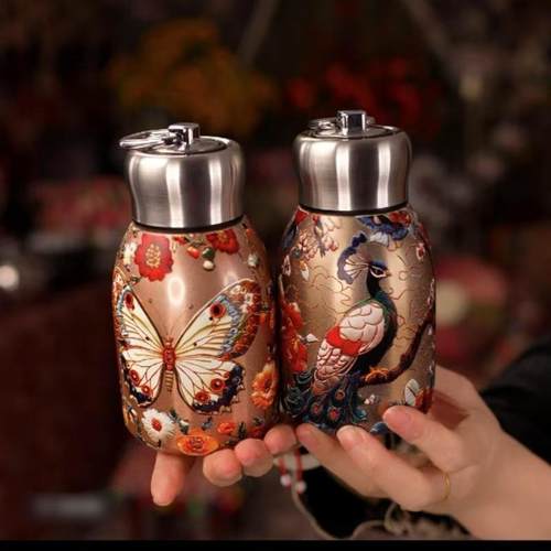 316不锈钢孔雀加厚保温杯保冷保热女生印花家用水杯防摔国风复古