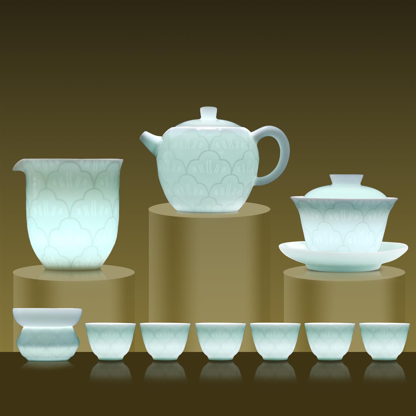 影青玉瓷浮雕茶具套装家用中式轻奢高档陶瓷功夫泡茶壶喝茶杯整套