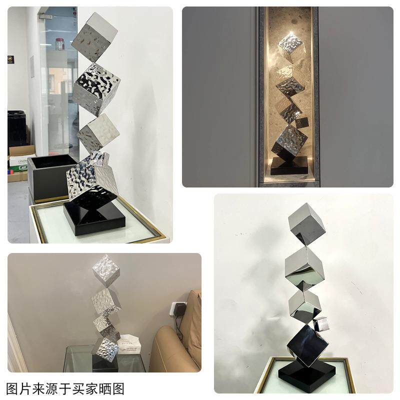 现代简约几何方形叠层不锈钢摆件玄关客厅卧室样板房家居装饰品