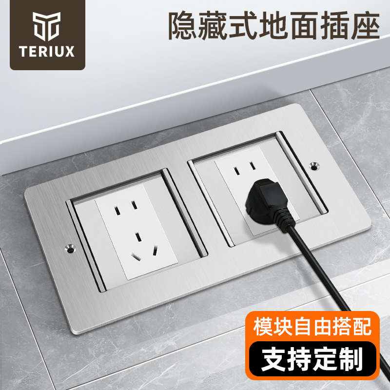 TERIUX双联连体不锈钢隐藏式双开门地插座地面插座五孔网络电话