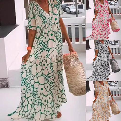 Women's printed short sleeved deep neck long dress for