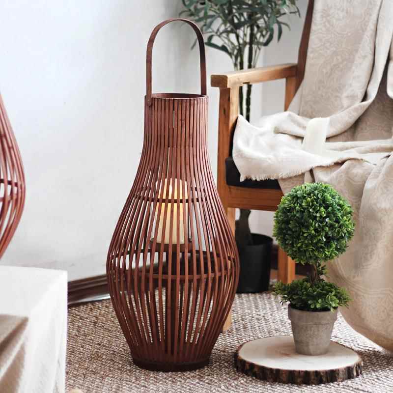 复古落地风灯天然竹编烛台灯笼样板间花园庭院酒店大厅装饰摆件