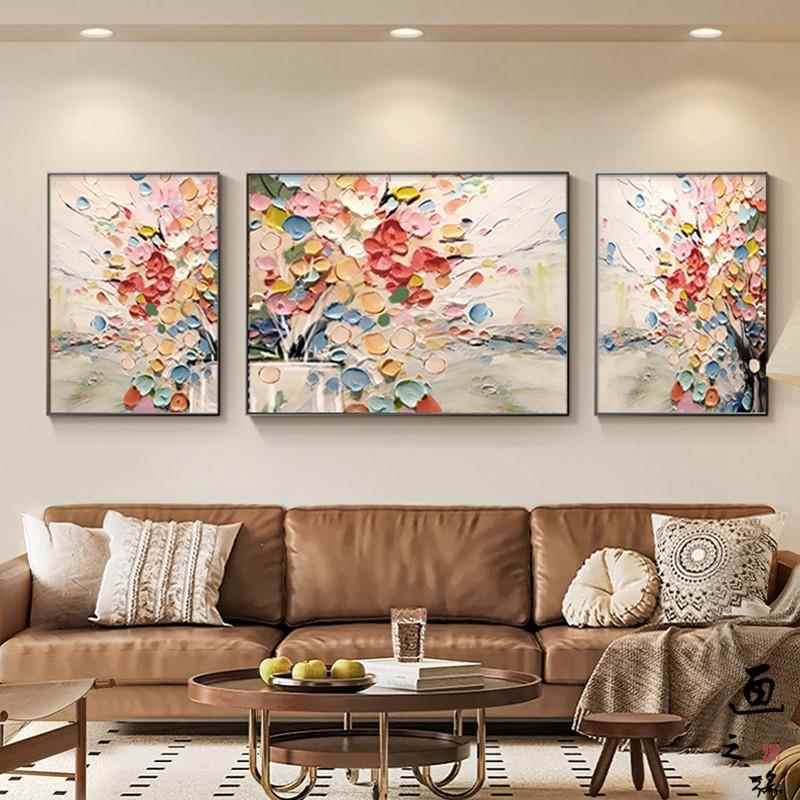 大芬村发财树三联客厅装饰画 画抽象花卉肌理背景墙挂画 画轻奢高