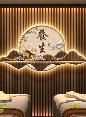 美容中医养生馆文化形象背景墙装饰画山水洗浴按摩采耳馆壁画带灯