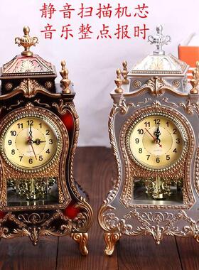 欧式台钟仿古座钟客厅装饰钟静音扫秒钟表12首音乐报时F015